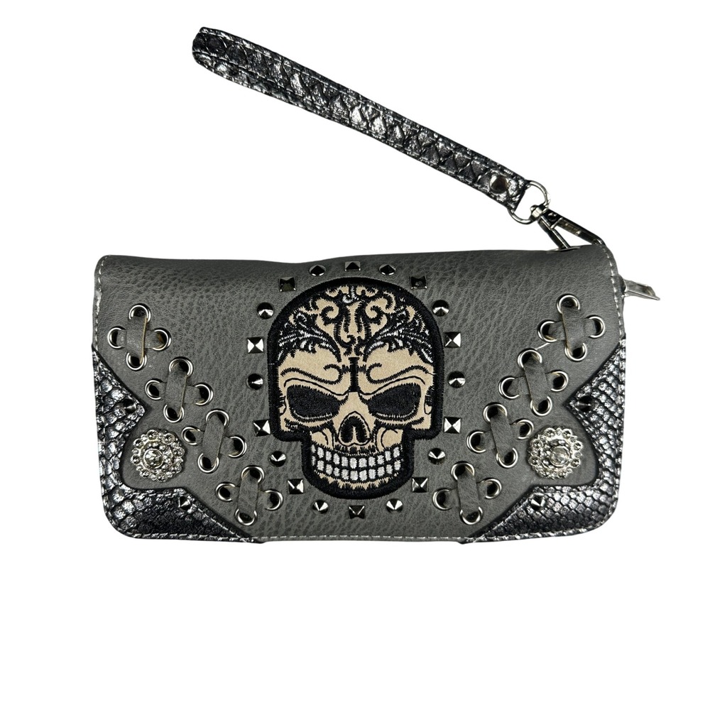 Gothic Skull Studded Wristlet Wallet Grey Western Punk Crossbody Bag Gothcore